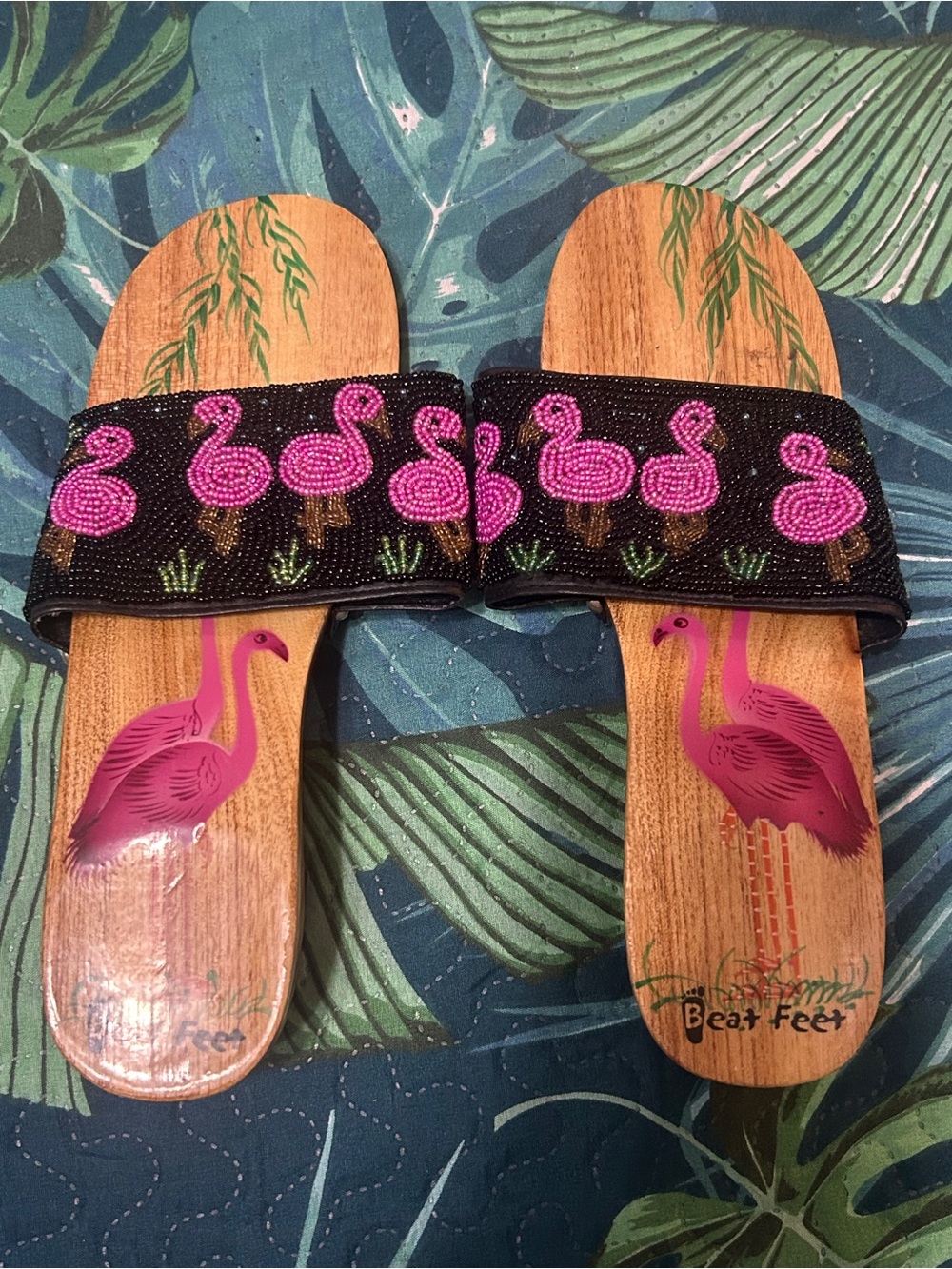 Hand Painted Beaded Flamingo Wooden Sandals - Size 7